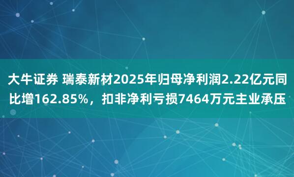 大牛证券 瑞泰新材2025年归母净利润2.22亿元同比增162.85%，扣非净利亏损7464万元主业承压